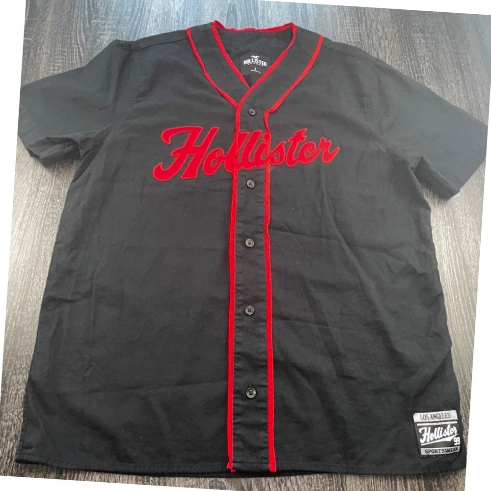 Hollister Mens Baseball Jersey Shirt Black‎ Red Embroidered Los Angeles Large